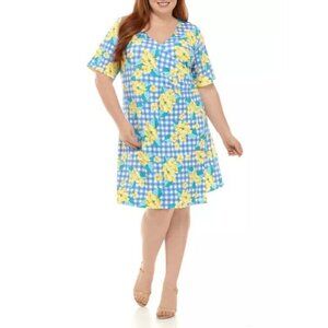 Kim Rogers Womens Floral Dress V-Neck Plus Size 2X Yellow Plaid Blue Office Work